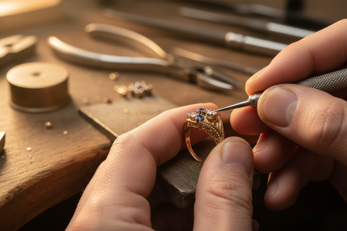 close-up image of a vintage ring being redesigned or stones being set