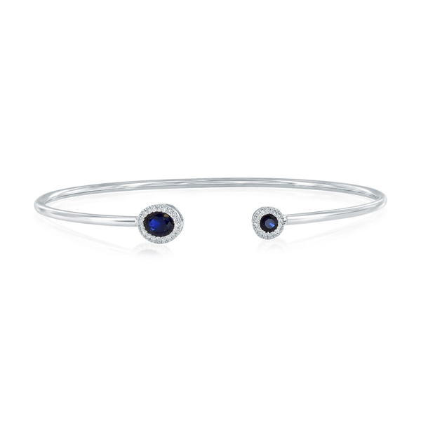 Sterling Silver Blue Sapphire & Diamond Halo Open Bangle Bracelet