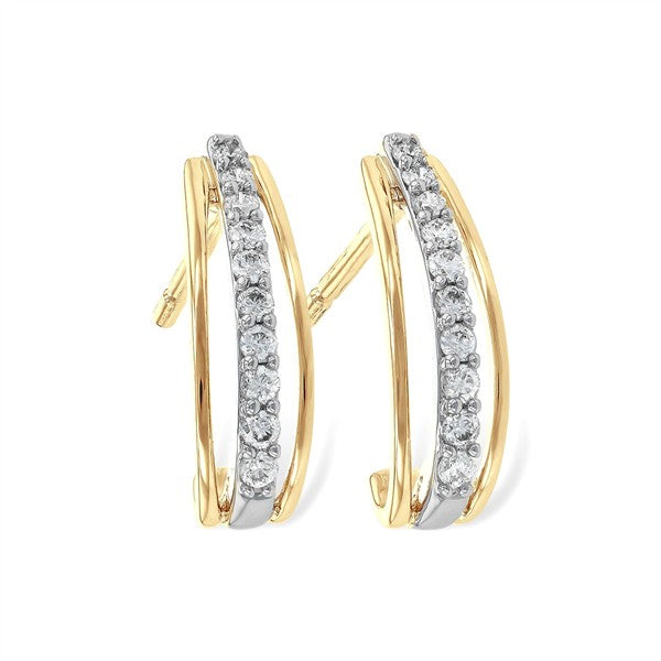 14K Open Three Row Diamond J-Hoop Earrings