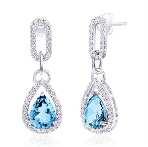 Pear Blue & White Topaz Paperclip Drop Earrings