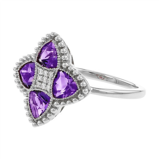 14 Karat White Gold Amethyst Clover Fashion Ring
