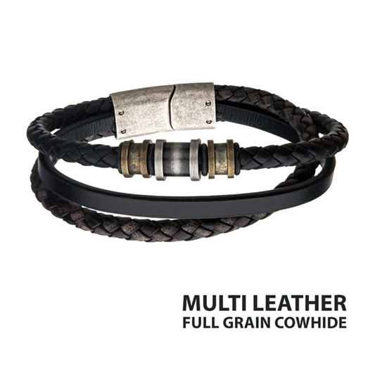Antiqued Bead & Black Multi Leather Layered Bracelet