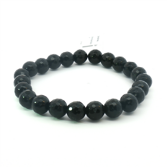 8mm Faceted Shiny Black Agate Stretch Bracelet 7"