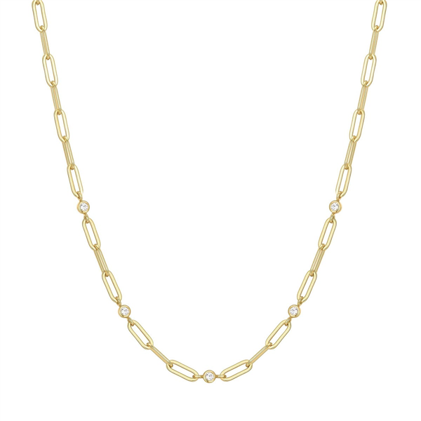 14K Gold Plated Paperclip Bezel Station CZ Necklace