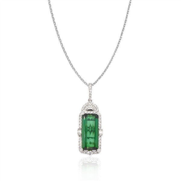 14K Deco Halo Emerald-Cut Green Tourmaline Pendant