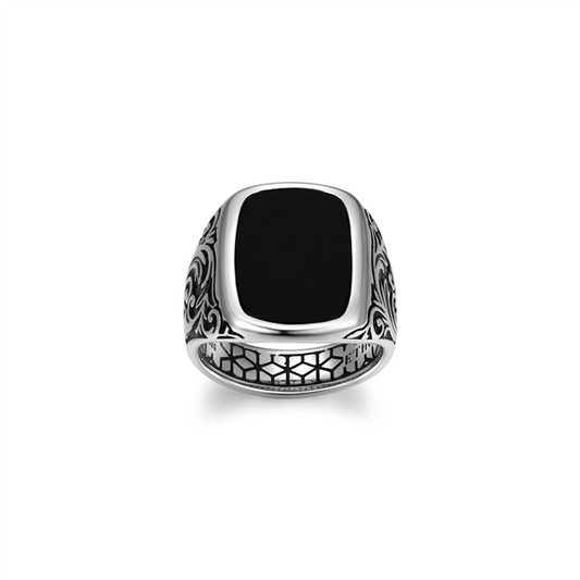 Sterling Silver Chisel Filigree Black Agate Cushion Ring